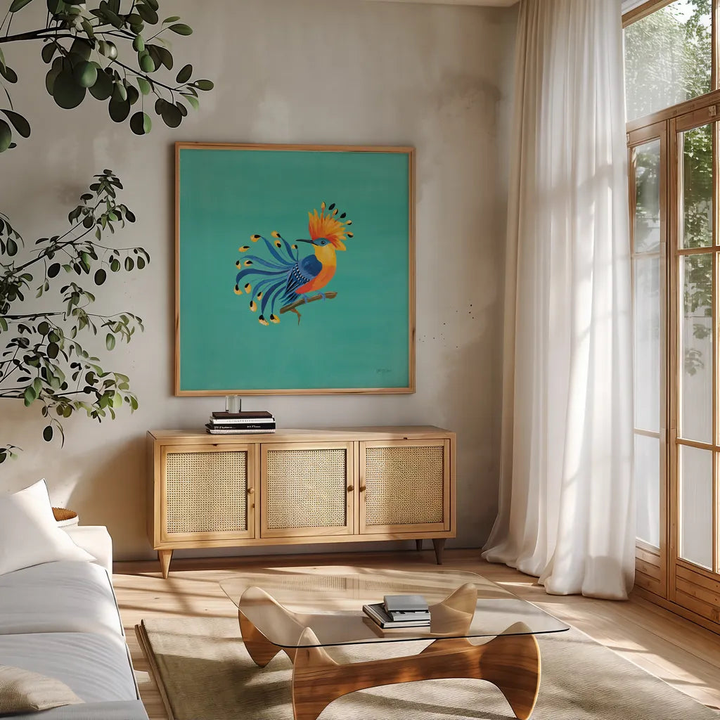 Birds of Paradise IV by Yvette St. Amant. Shown in a natural wood frame in a cozy modern living room. Available as an archival giclee rolled canvas, fine art paper, or poster print. SKU 92317a.