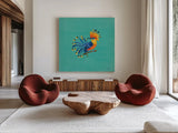 Birds of Paradise IV by Yvette St. Amant. Shown as extra-large giant wall art in a modern living room. Available as an archival giclee rolled canvas, fine art paper, or poster print. SKU 92317a.