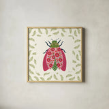 Blooming Beetle II Border by Yvette St. Amant. Shown in a natural wood glass frame for a timeless modern aesthetic. Available as an archival giclee rolled canvas, fine art paper, or poster print. SKU 95813a.