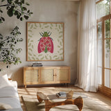 Blooming Beetle II Border by Yvette St. Amant. Shown in a natural wood frame in a cozy modern living room. Available as an archival giclee rolled canvas, fine art paper, or poster print. SKU 95813a.