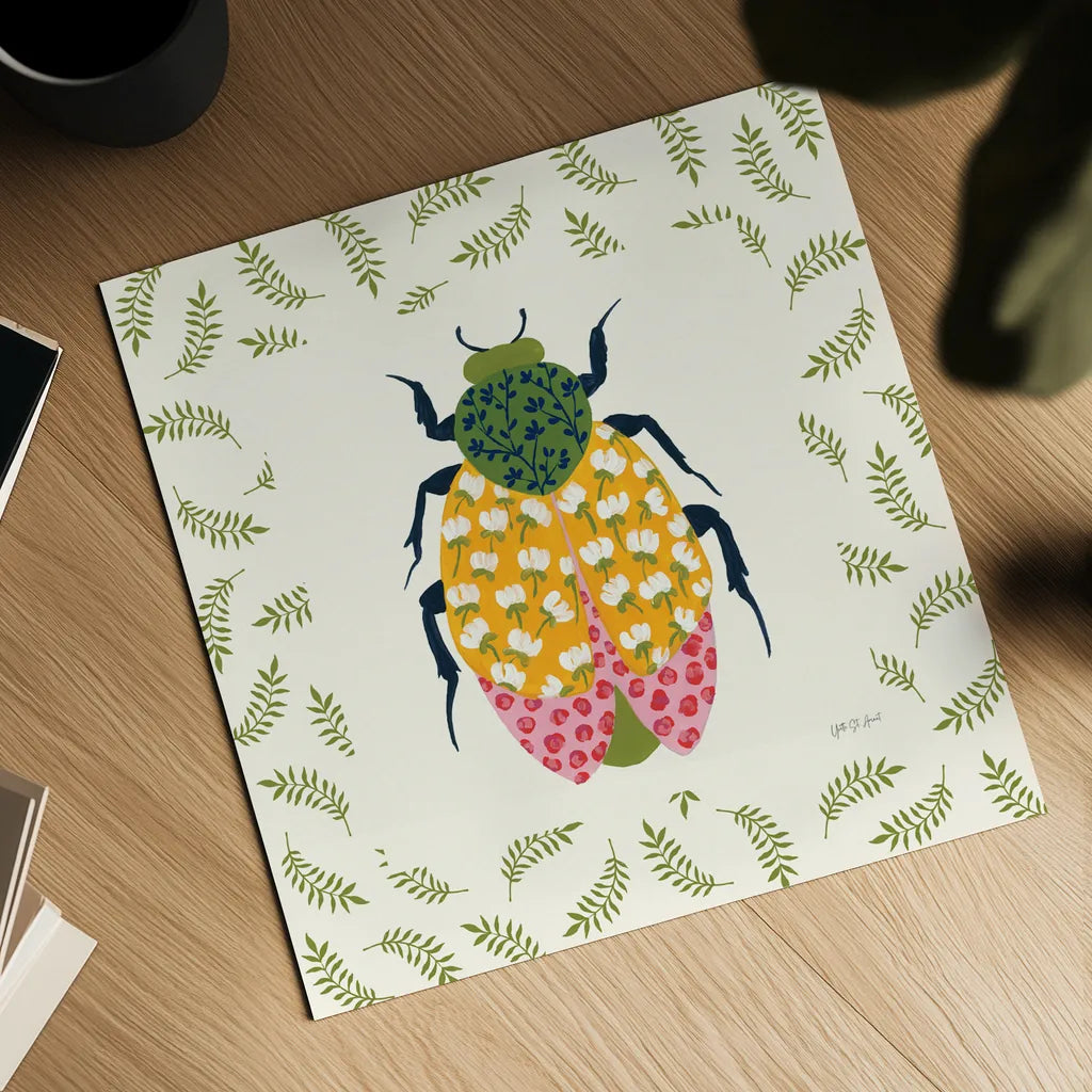 Blooming Beetle IV Border by Yvette St. Amant. Shown as a detailed flat fine art print, highlighting archival giclee quality. Available as an archival giclee rolled canvas, fine art paper, or poster print. SKU 95814a.