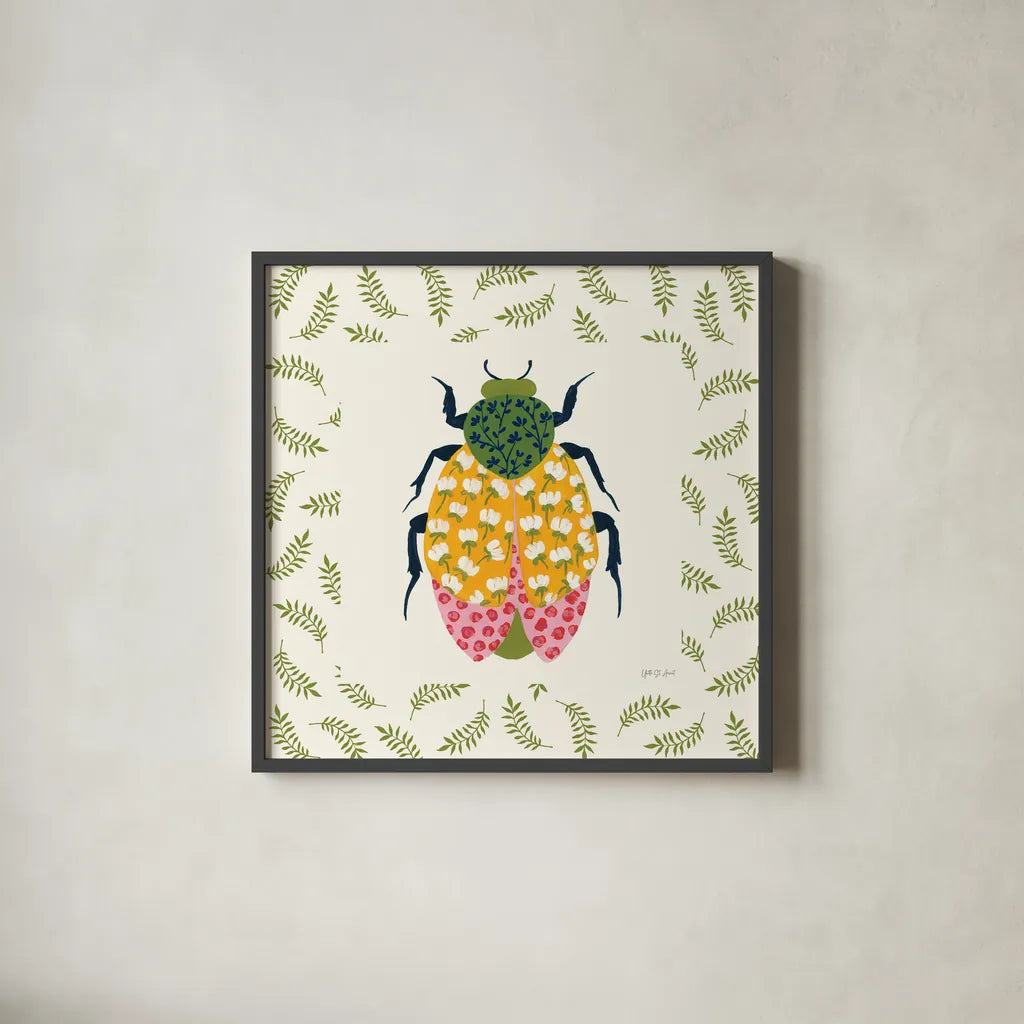 Blooming Beetle IV Border by Yvette St. Amant. Shown in a sleek black glass frame for a contemporary gallery look. Available as an archival giclee rolled canvas, fine art paper, or poster print. SKU 95814a.