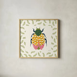 Blooming Beetle IV Border by Yvette St. Amant. Shown in a natural wood glass frame for a timeless modern aesthetic. Available as an archival giclee rolled canvas, fine art paper, or poster print. SKU 95814a.
