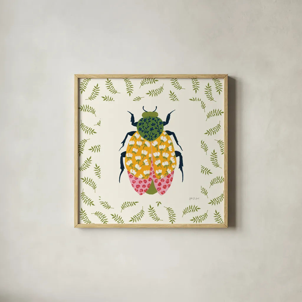 Blooming Beetle IV Border by Yvette St. Amant. Shown in a natural wood glass frame for a timeless modern aesthetic. Available as an archival giclee rolled canvas, fine art paper, or poster print. SKU 95814a.