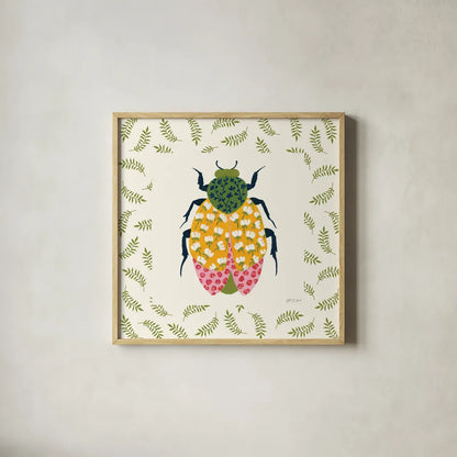 Blooming Beetle IV Border by Yvette St. Amant. Shown in a natural wood glass frame for a timeless modern aesthetic. Available as an archival giclee rolled canvas, fine art paper, or poster print. SKU 95814a.