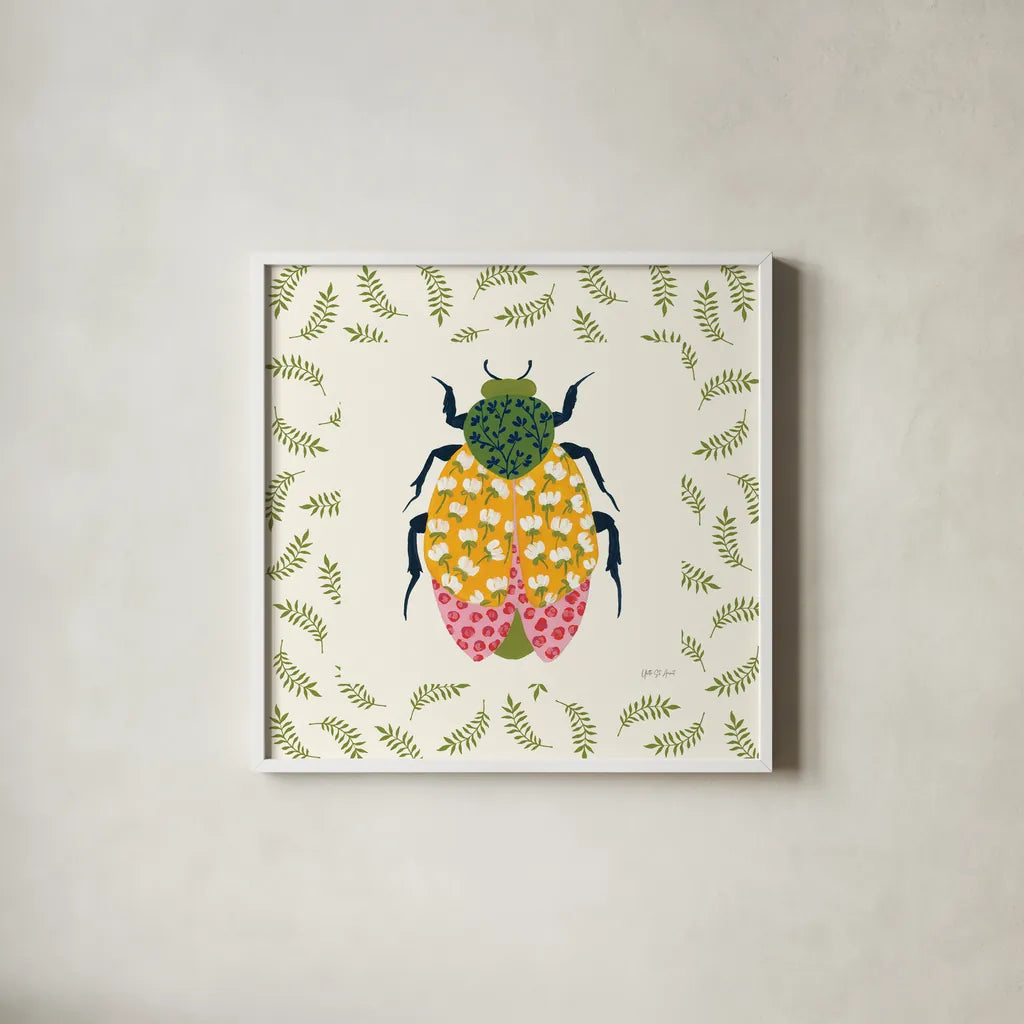 Blooming Beetle IV Border by Yvette St. Amant. Shown in a crisp white glass frame for a clean and minimalist style. Available as an archival giclee rolled canvas, fine art paper, or poster print. SKU 95814a.