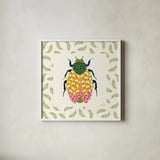 Blooming Beetle IV Border by Yvette St. Amant. Shown in a crisp white glass frame for a clean and minimalist style. Available as an archival giclee rolled canvas, fine art paper, or poster print. SKU 95814a.