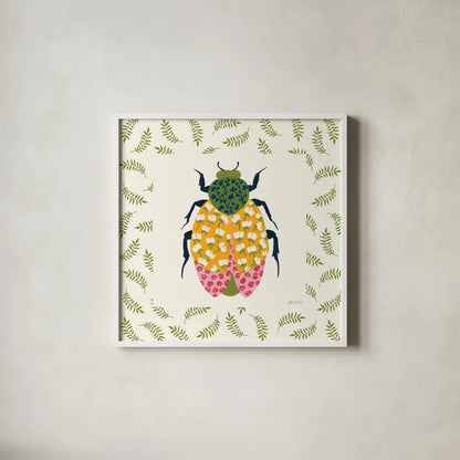 Blooming Beetle IV Border by Yvette St. Amant. Shown in a crisp white glass frame for a clean and minimalist style. Available as an archival giclee rolled canvas, fine art paper, or poster print. SKU 95814a.