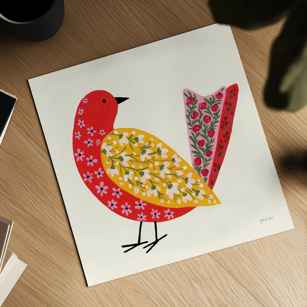 Blooming Bird I by Yvette St. Amant. Shown as a detailed flat fine art print, highlighting archival giclee quality. Available as an archival giclee rolled canvas, fine art paper, or poster print. SKU 92585a.