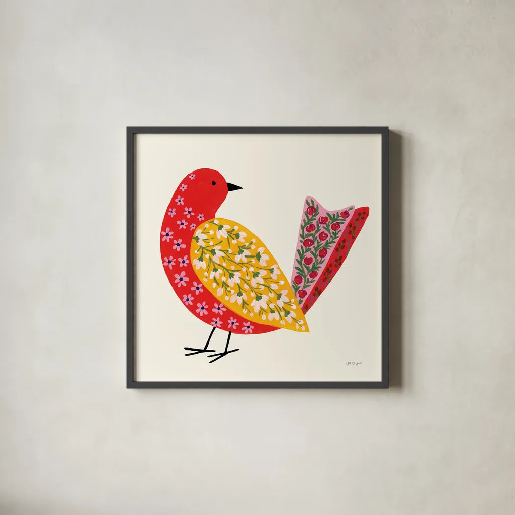 Blooming Bird I by Yvette St. Amant. Shown in a sleek black glass frame for a contemporary gallery look. Available as an archival giclee rolled canvas, fine art paper, or poster print. SKU 92585a.