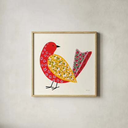 Blooming Bird I by Yvette St. Amant. Shown in a natural wood glass frame for a timeless modern aesthetic. Available as an archival giclee rolled canvas, fine art paper, or poster print. SKU 92585a.