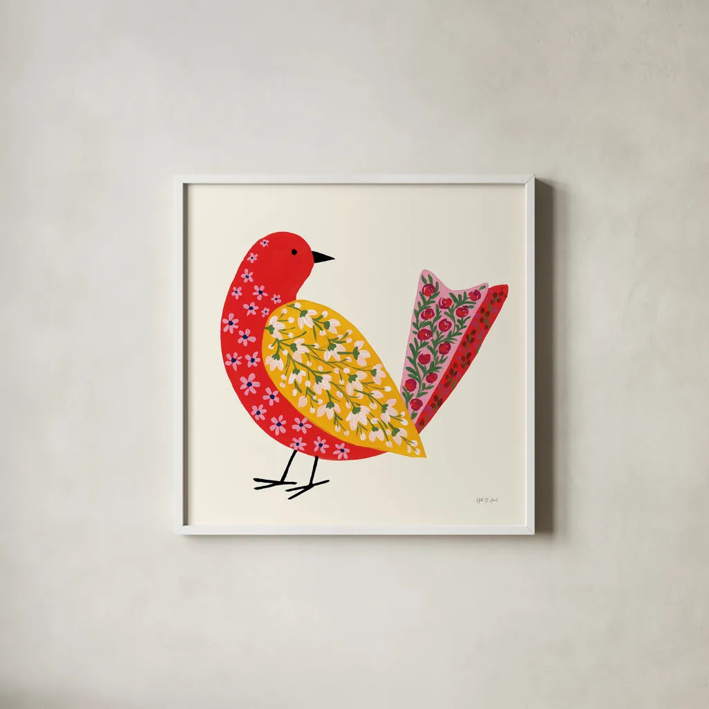 Blooming Bird I by Yvette St. Amant. Shown in a crisp white glass frame for a clean and minimalist style. Available as an archival giclee rolled canvas, fine art paper, or poster print. SKU 92585a.