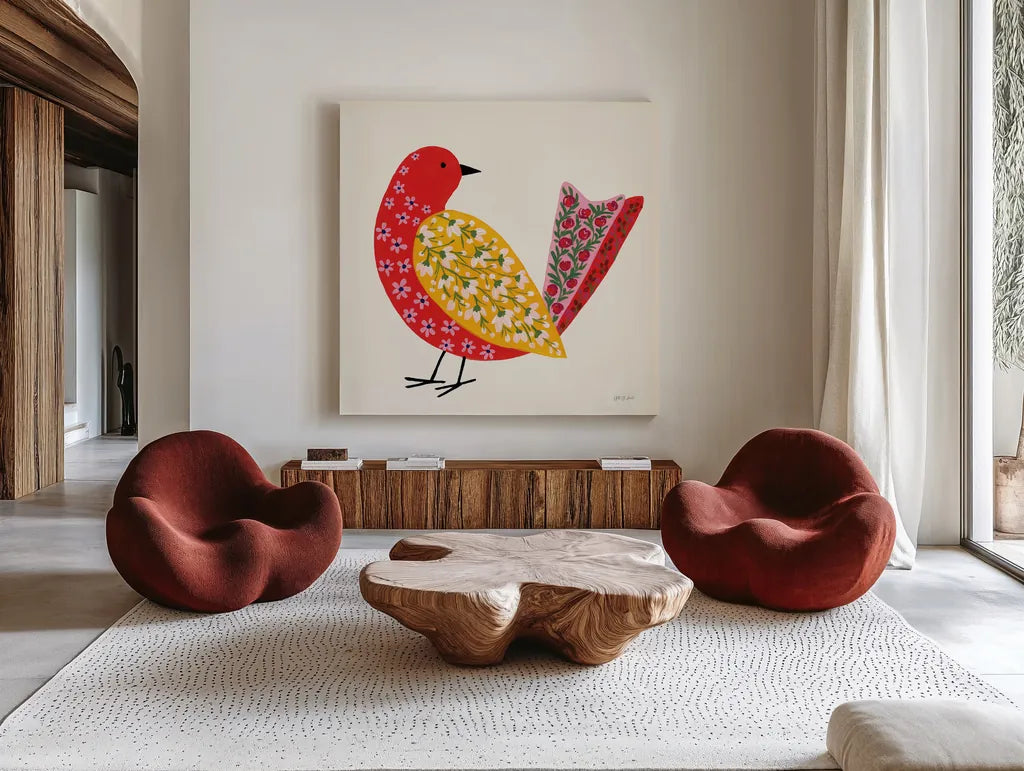 Blooming Bird I by Yvette St. Amant. Shown as extra-large giant wall art in a modern living room. Available as an archival giclee rolled canvas, fine art paper, or poster print. SKU 92585a.