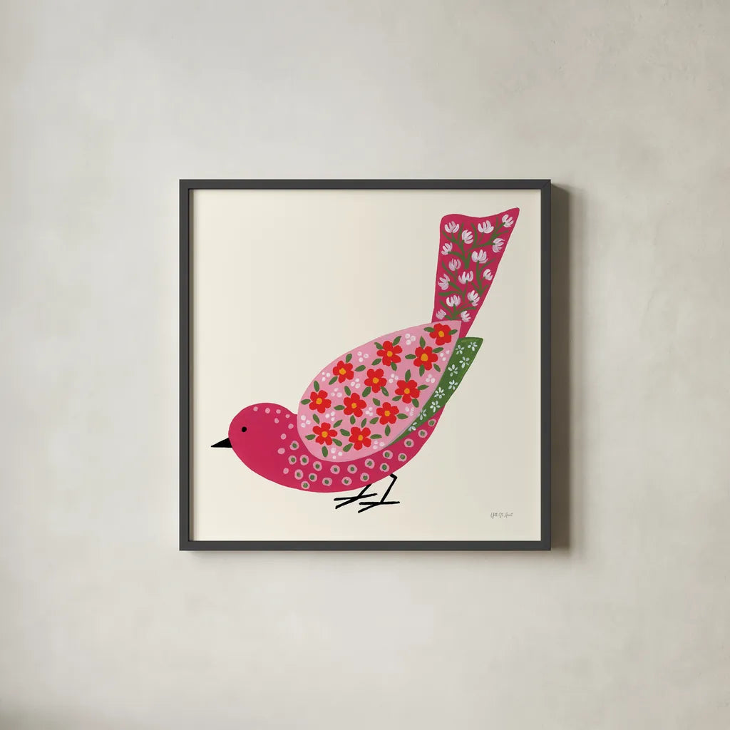 Blooming Bird II by Yvette St. Amant. Shown in a sleek black glass frame for a contemporary gallery look. Available as an archival giclee rolled canvas, fine art paper, or poster print. SKU 92586a.