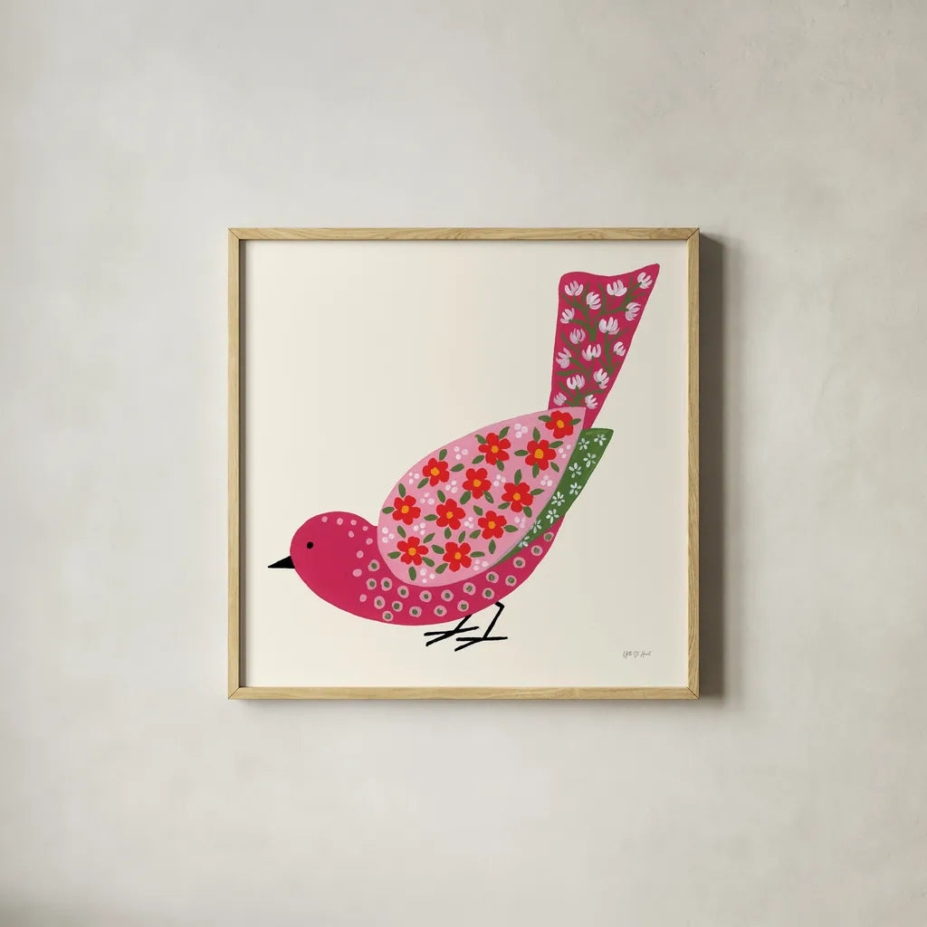 Blooming Bird II by Yvette St. Amant. Shown in a natural wood glass frame for a timeless modern aesthetic. Available as an archival giclee rolled canvas, fine art paper, or poster print. SKU 92586a.