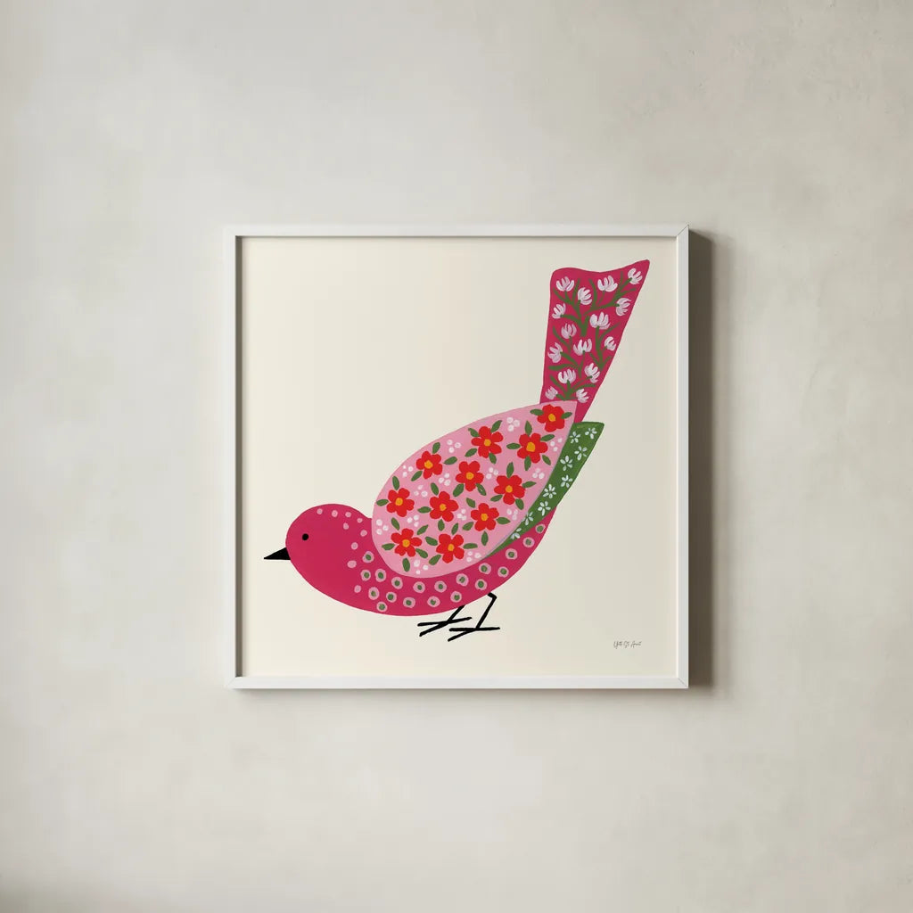 Blooming Bird II by Yvette St. Amant. Shown in a crisp white glass frame for a clean and minimalist style. Available as an archival giclee rolled canvas, fine art paper, or poster print. SKU 92586a.