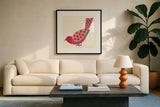 Blooming Bird II by Yvette St. Amant. Displayed in a glass frame with matte in a clean modern living room. Available as an archival giclee rolled canvas, fine art paper, or poster print. SKU 92586a.