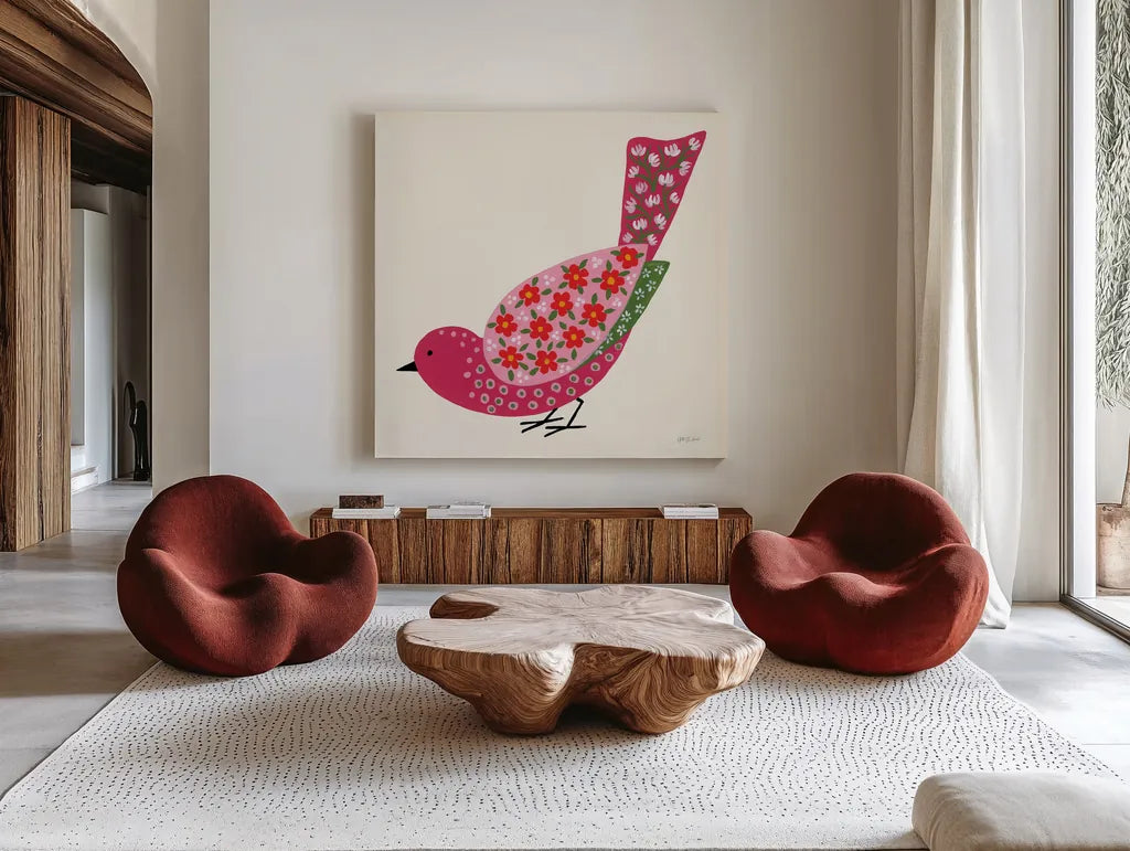 Blooming Bird II by Yvette St. Amant. Shown as extra-large giant wall art in a modern living room. Available as an archival giclee rolled canvas, fine art paper, or poster print. SKU 92586a.