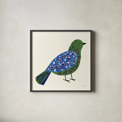 Blooming Bird III by Yvette St. Amant. Shown in a sleek black glass frame for a contemporary gallery look. Available as an archival giclee rolled canvas, fine art paper, or poster print. SKU 92587a.