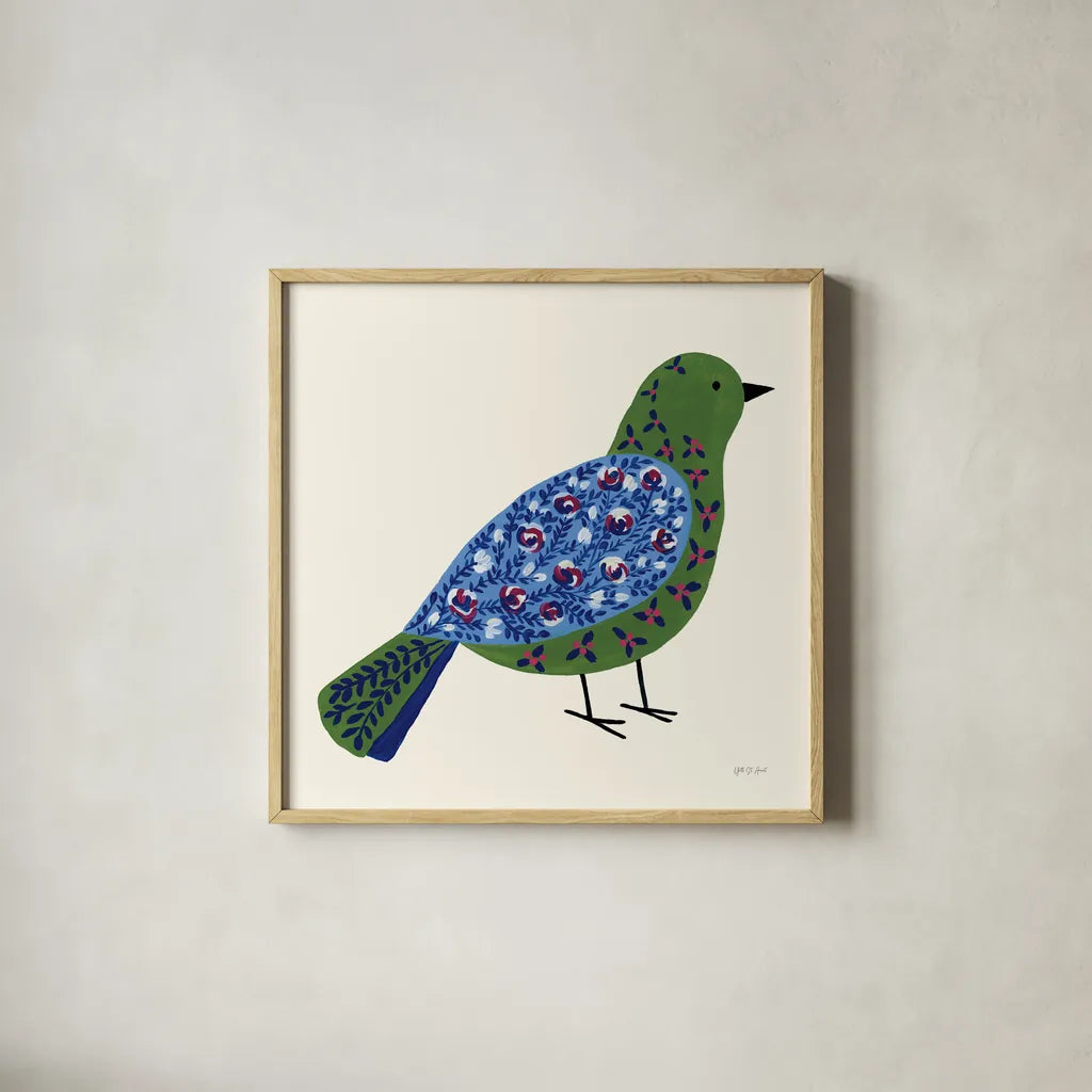 Blooming Bird III by Yvette St. Amant. Shown in a natural wood glass frame for a timeless modern aesthetic. Available as an archival giclee rolled canvas, fine art paper, or poster print. SKU 92587a.