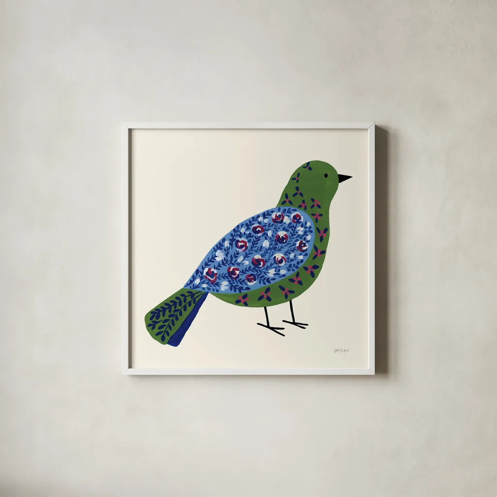 Blooming Bird III by Yvette St. Amant. Shown in a crisp white glass frame for a clean and minimalist style. Available as an archival giclee rolled canvas, fine art paper, or poster print. SKU 92587a.