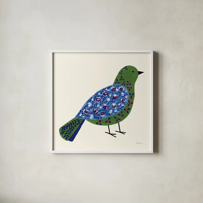 Blooming Bird III by Yvette St. Amant. Shown in a crisp white glass frame for a clean and minimalist style. Available as an archival giclee rolled canvas, fine art paper, or poster print. SKU 92587a.