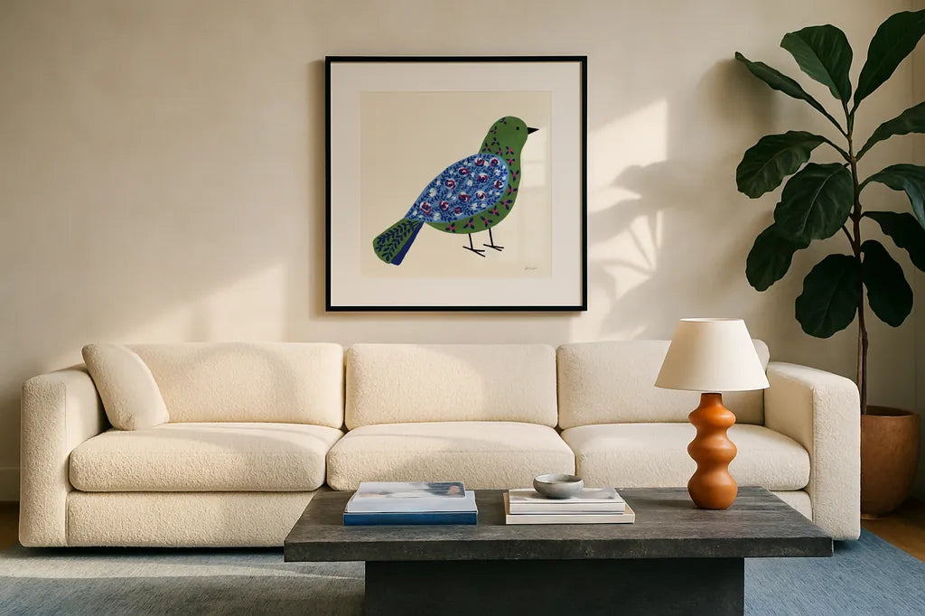 Blooming Bird III by Yvette St. Amant. Displayed in a glass frame with matte in a clean modern living room. Available as an archival giclee rolled canvas, fine art paper, or poster print. SKU 92587a.