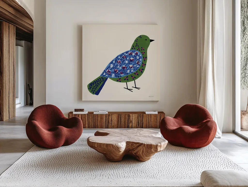 Blooming Bird III by Yvette St. Amant. Shown as extra-large giant wall art in a modern living room. Available as an archival giclee rolled canvas, fine art paper, or poster print. SKU 92587a.