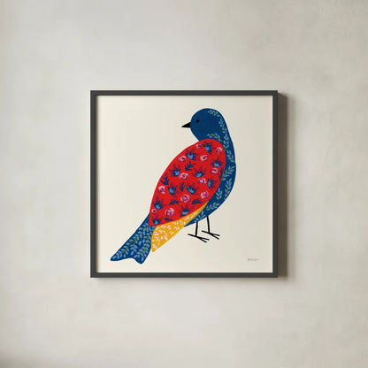Blooming Bird IV by Yvette St. Amant. Shown in a sleek black glass frame for a contemporary gallery look. Available as an archival giclee rolled canvas, fine art paper, or poster print. SKU 92588a.