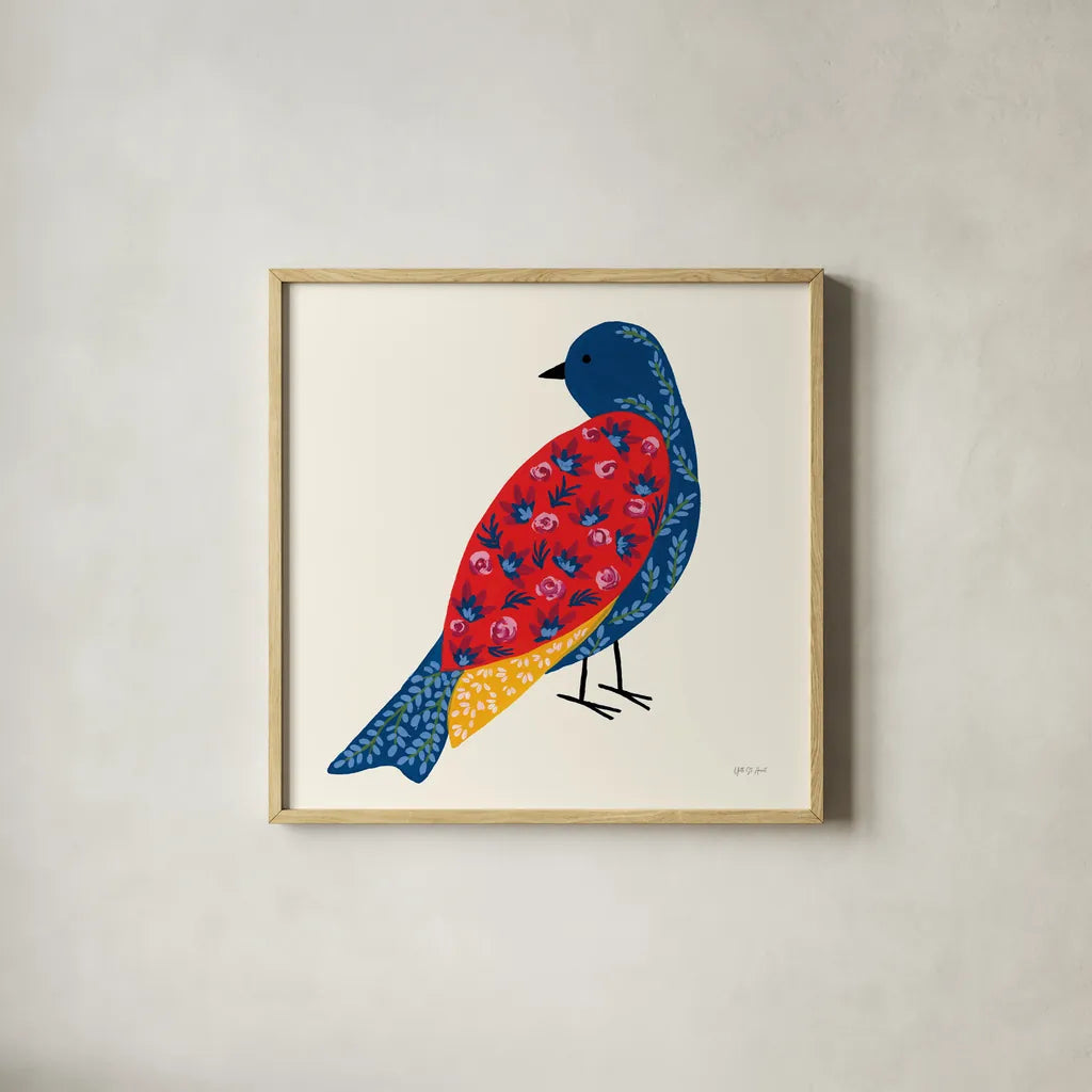 Blooming Bird IV by Yvette St. Amant. Shown in a natural wood glass frame for a timeless modern aesthetic. Available as an archival giclee rolled canvas, fine art paper, or poster print. SKU 92588a.