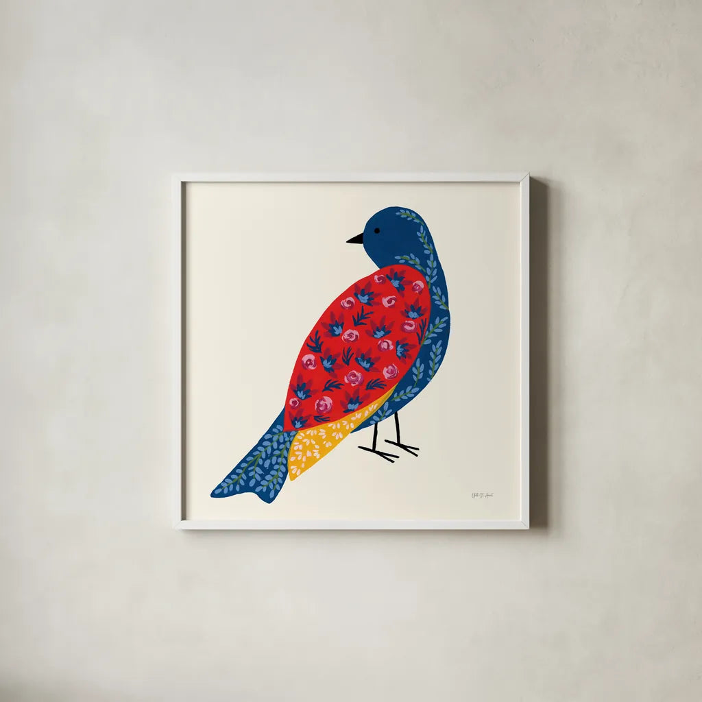 Blooming Bird IV by Yvette St. Amant. Shown in a crisp white glass frame for a clean and minimalist style. Available as an archival giclee rolled canvas, fine art paper, or poster print. SKU 92588a.