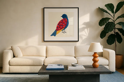 Blooming Bird IV by Yvette St. Amant. Displayed in a glass frame with matte in a clean modern living room. Available as an archival giclee rolled canvas, fine art paper, or poster print. SKU 92588a.