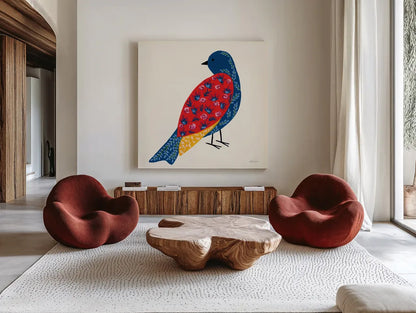 Blooming Bird IV by Yvette St. Amant. Shown as extra-large giant wall art in a modern living room. Available as an archival giclee rolled canvas, fine art paper, or poster print. SKU 92588a.