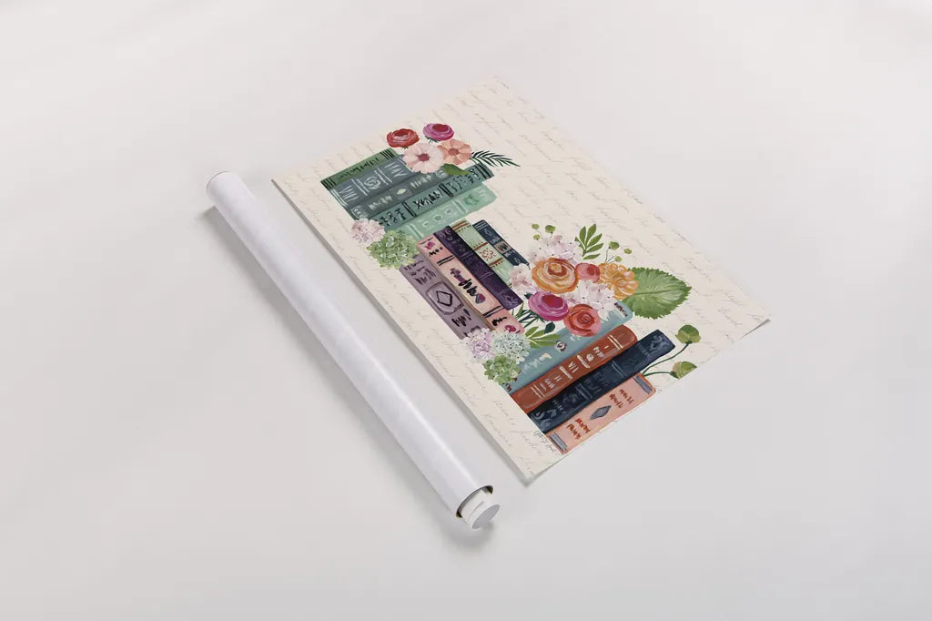 Blooming Books I by Yvette St. Amant. shown as a rolled paper print. Available as archival giclee rolled canvas, fine art paper, or poster print. SKU 98056i.