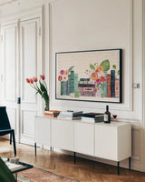 Blooming Books I by Yvette St. Amant. shown as a framed stretched canvas in a living room above a console. Available as a archival giclee rolled canvas, fine art paper, or poster print. SKU 98056i.