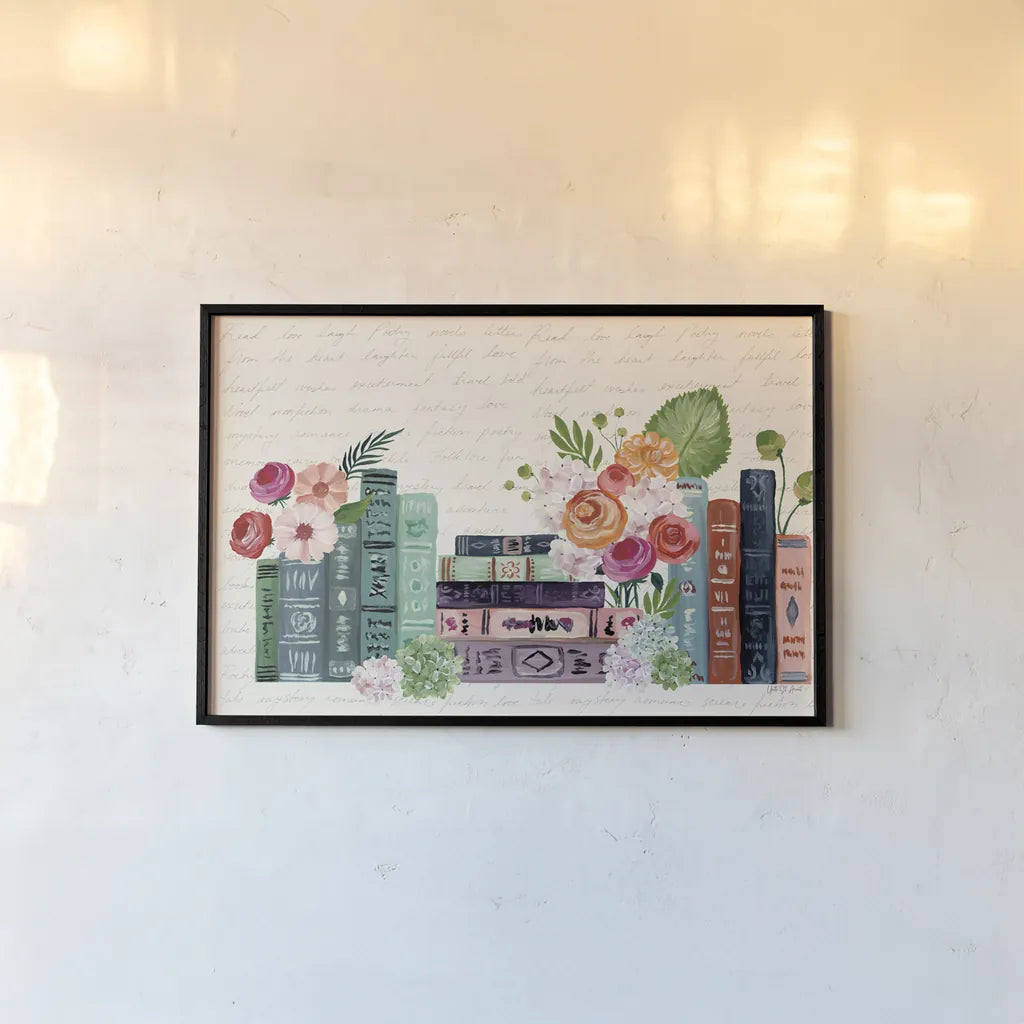 Blooming Books I by Yvette St. Amant. shown as a paper print in a black flame. Available as a archival giclee rolled canvas, fine art paper, or poster print. SKU 98056i.