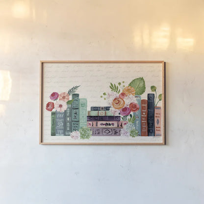 Blooming Books I by Yvette St. Amant. shown as a paper print in a natural frame. Available as a archival giclee rolled canvas, fine art paper, or poster print. SKU 98056i.