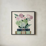 Blooming Books II by Yvette St. Amant. Shown in a sleek black glass frame for a contemporary gallery look. Available as an archival giclee rolled canvas, fine art paper, or poster print. SKU 98057a.