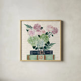 Blooming Books II by Yvette St. Amant. Shown in a natural wood glass frame for a timeless modern aesthetic. Available as an archival giclee rolled canvas, fine art paper, or poster print. SKU 98057a.