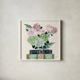Blooming Books II by Yvette St. Amant. Shown in a crisp white glass frame for a clean and minimalist style. Available as an archival giclee rolled canvas, fine art paper, or poster print. SKU 98057a.