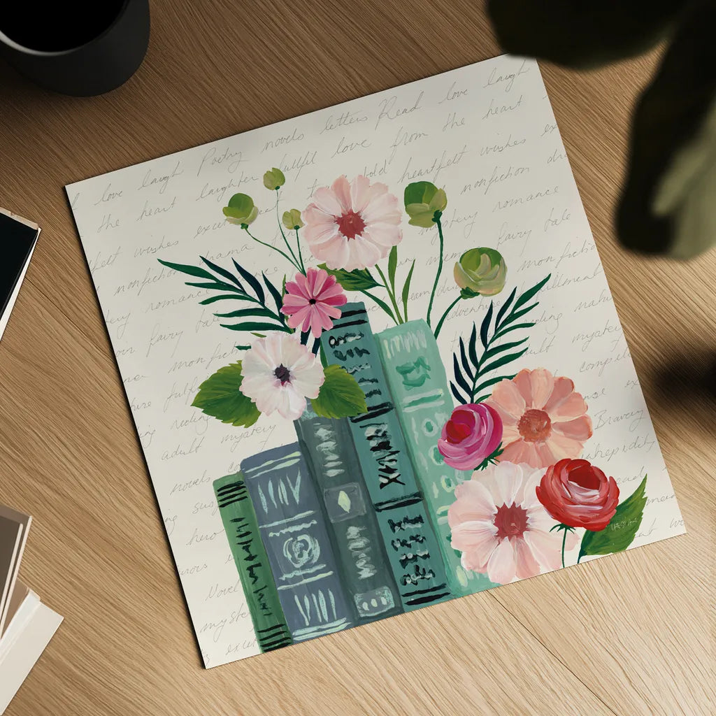 Blooming Books III by Yvette St. Amant. Shown as a detailed flat fine art print, highlighting archival giclee quality. Available as an archival giclee rolled canvas, fine art paper, or poster print. SKU 98058a.