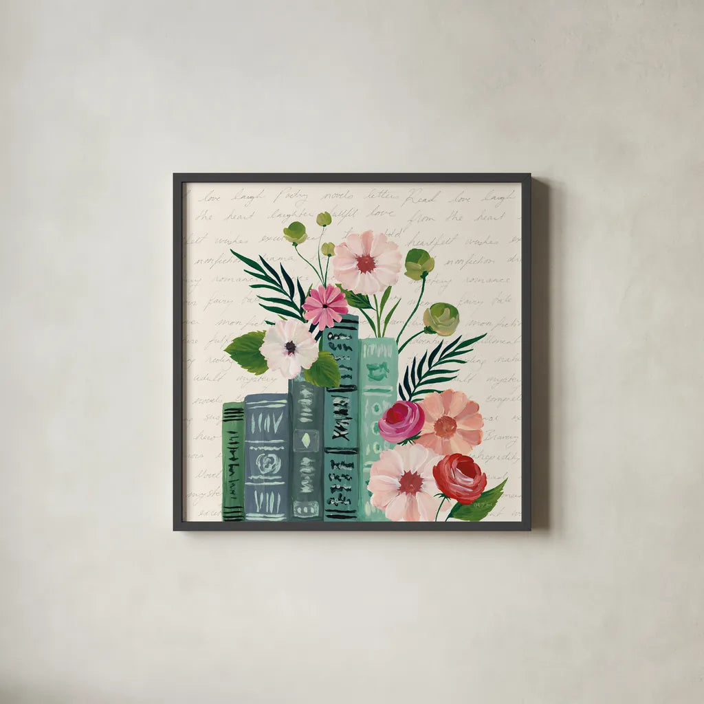 Blooming Books III by Yvette St. Amant. Shown in a sleek black glass frame for a contemporary gallery look. Available as an archival giclee rolled canvas, fine art paper, or poster print. SKU 98058a.