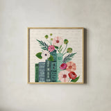 Blooming Books III by Yvette St. Amant. Shown in a natural wood glass frame for a timeless modern aesthetic. Available as an archival giclee rolled canvas, fine art paper, or poster print. SKU 98058a.