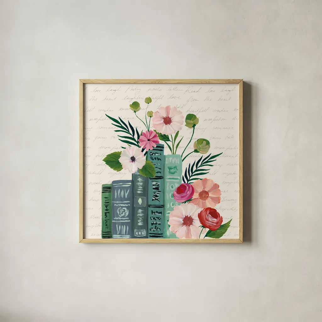 Blooming Books III by Yvette St. Amant. Shown in a natural wood glass frame for a timeless modern aesthetic. Available as an archival giclee rolled canvas, fine art paper, or poster print. SKU 98058a.