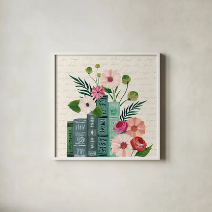 Blooming Books III by Yvette St. Amant. Shown in a crisp white glass frame for a clean and minimalist style. Available as an archival giclee rolled canvas, fine art paper, or poster print. SKU 98058a.