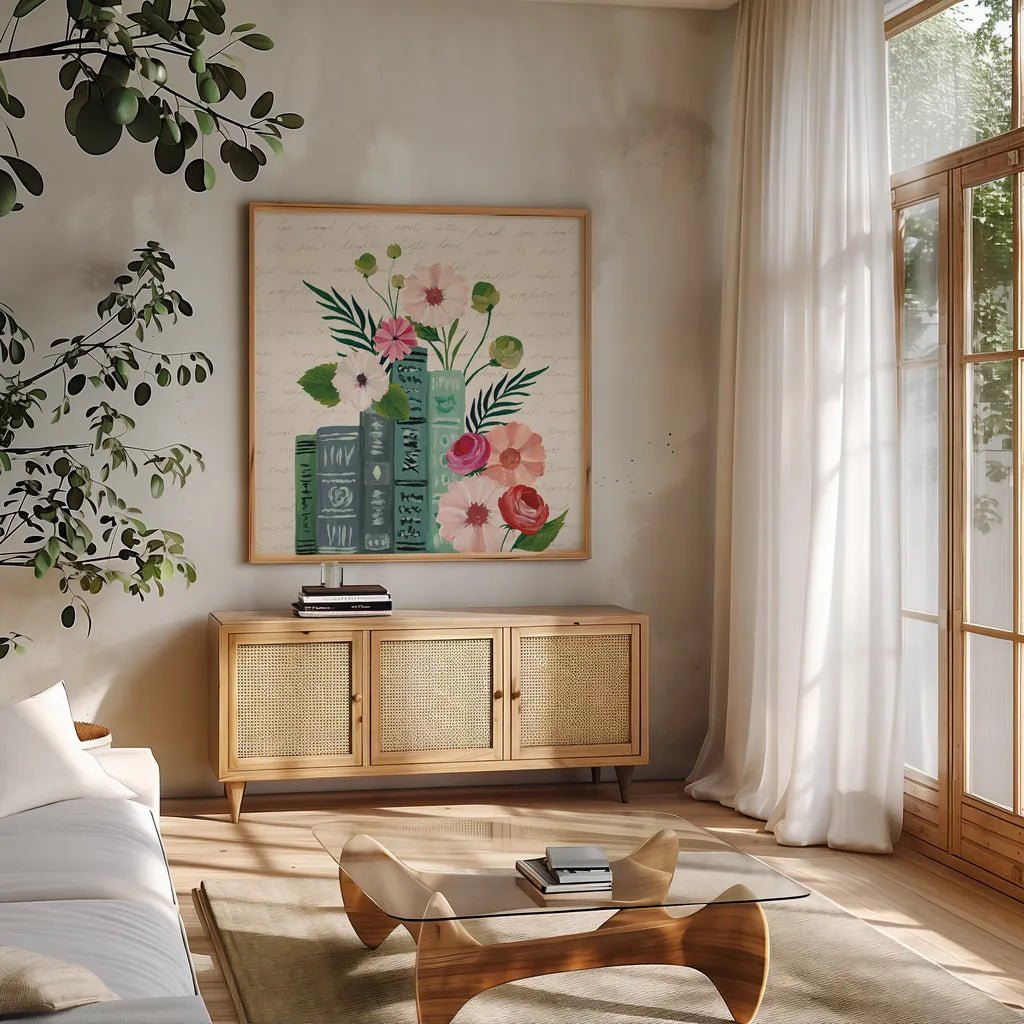 Blooming Books III by Yvette St. Amant. Shown in a natural wood frame in a cozy modern living room. Available as an archival giclee rolled canvas, fine art paper, or poster print. SKU 98058a.