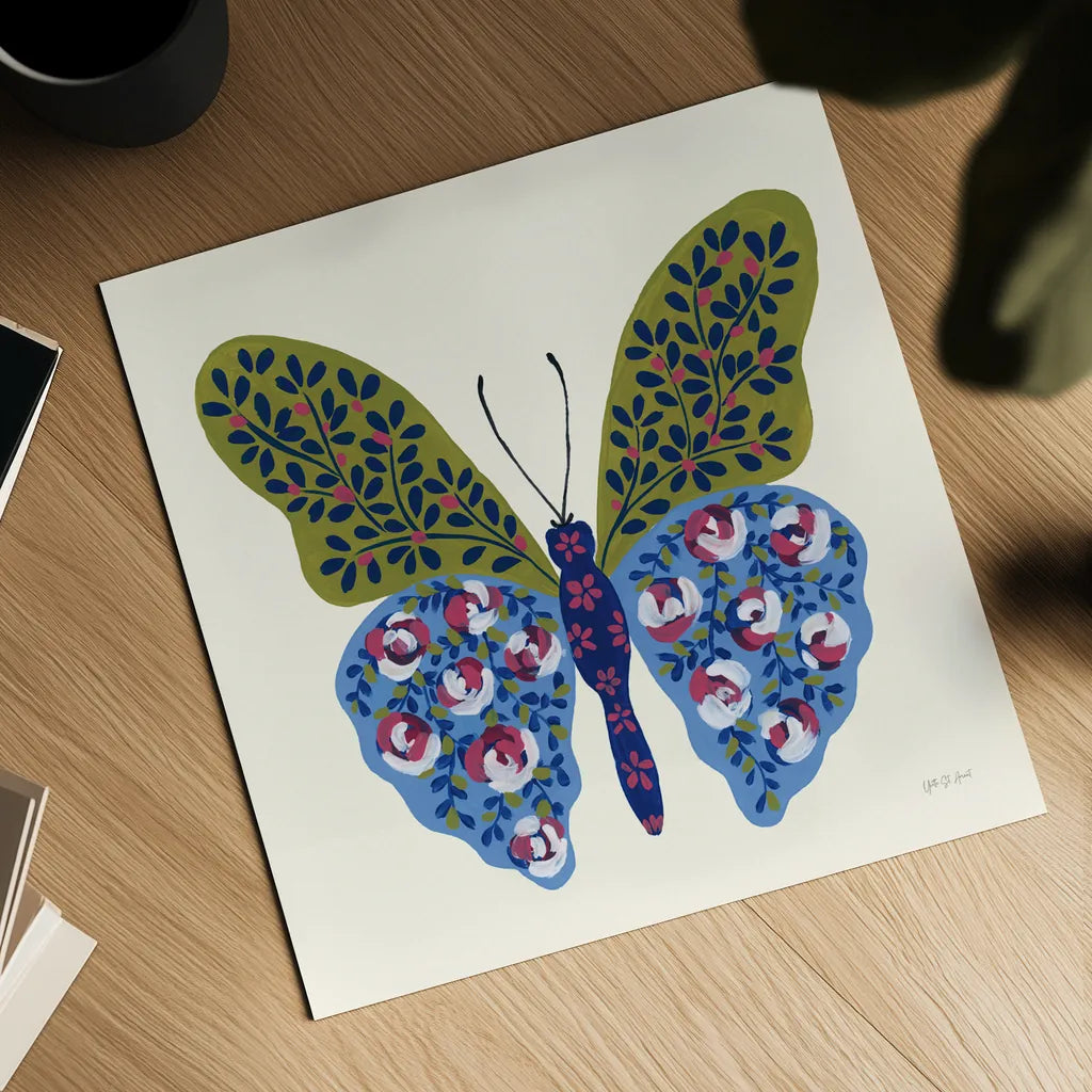 Blooming Butterfly I by Yvette St. Amant. Shown as a detailed flat fine art print, highlighting archival giclee quality. Available as an archival giclee rolled canvas, fine art paper, or poster print. SKU 91172a.