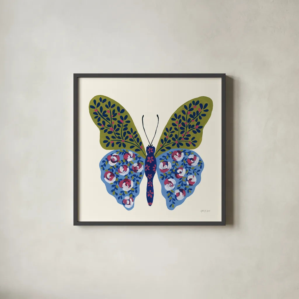 Blooming Butterfly I by Yvette St. Amant. Shown in a sleek black glass frame for a contemporary gallery look. Available as an archival giclee rolled canvas, fine art paper, or poster print. SKU 91172a.
