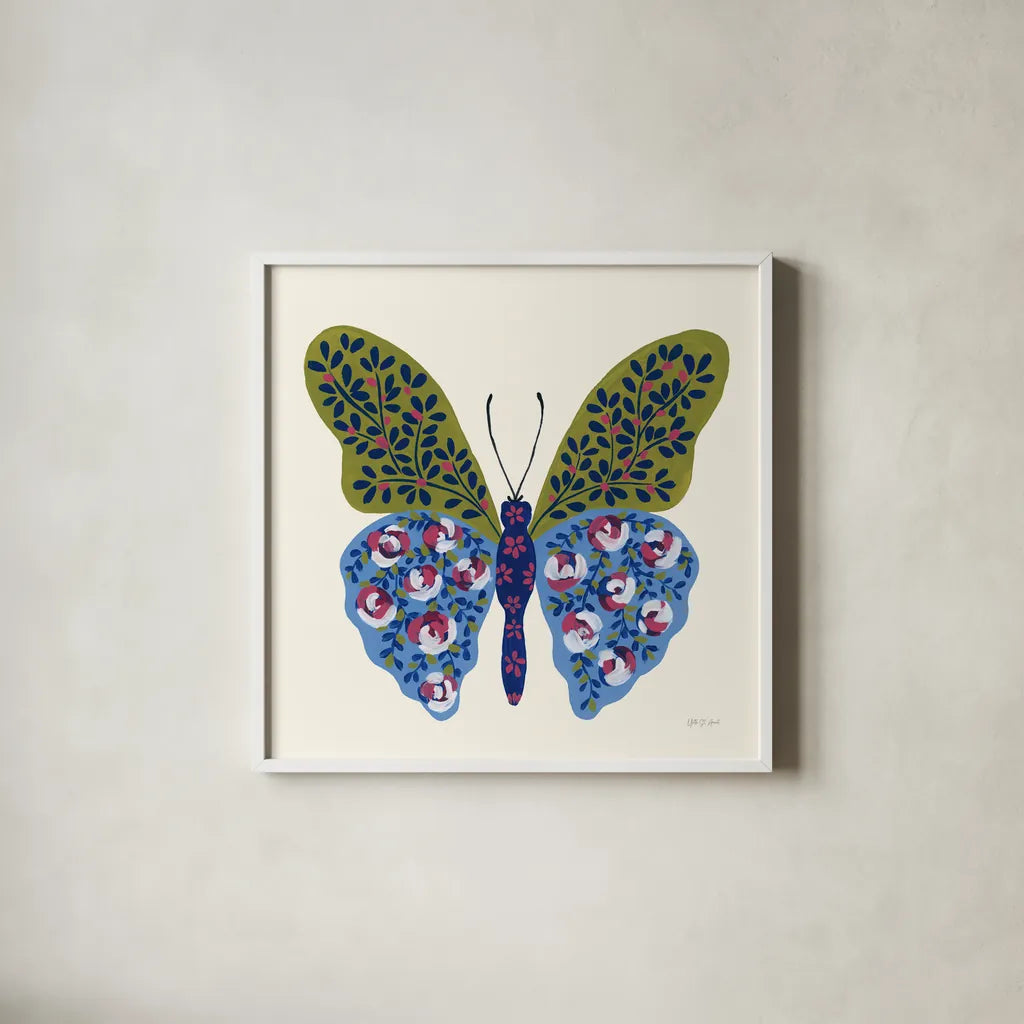 Blooming Butterfly I by Yvette St. Amant. Shown in a crisp white glass frame for a clean and minimalist style. Available as an archival giclee rolled canvas, fine art paper, or poster print. SKU 91172a.