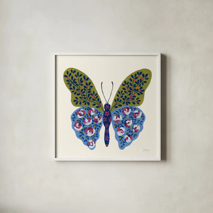 Blooming Butterfly I by Yvette St. Amant. Shown in a crisp white glass frame for a clean and minimalist style. Available as an archival giclee rolled canvas, fine art paper, or poster print. SKU 91172a.